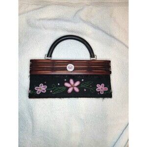 Vintage Style Black Fabric & Slatted Bamboo Beaded Floral Handbag Clutch Purse